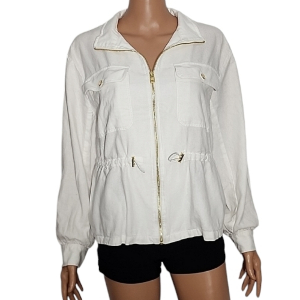 Andrew Marc Women's Size S‎ Small White Linen Long Sleeve Jacket  Gold Hardware